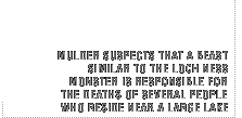 Mulder suspects that a beast similar to the Loch Ness monster is responsible for the deaths of several people who reside near a large lake.